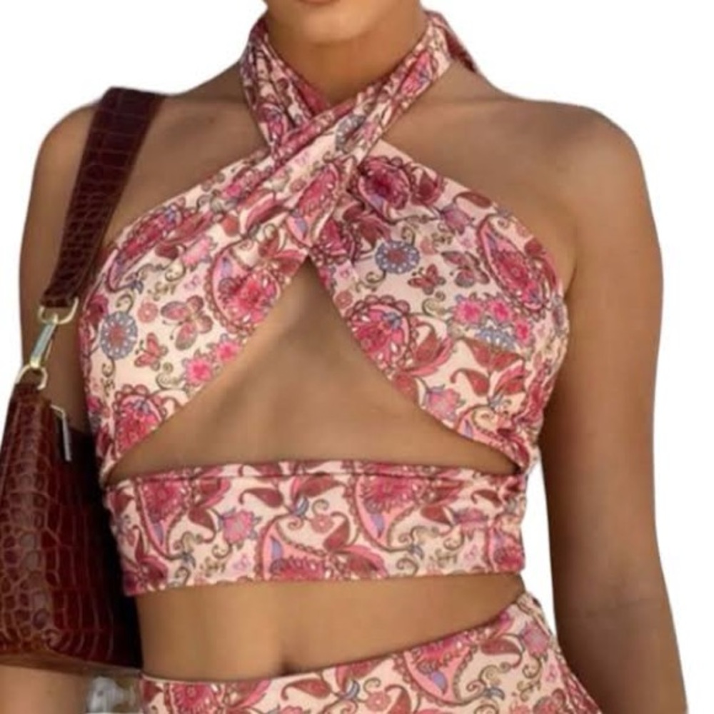 Tiger Mist Pink Paisley Halter Crop Top